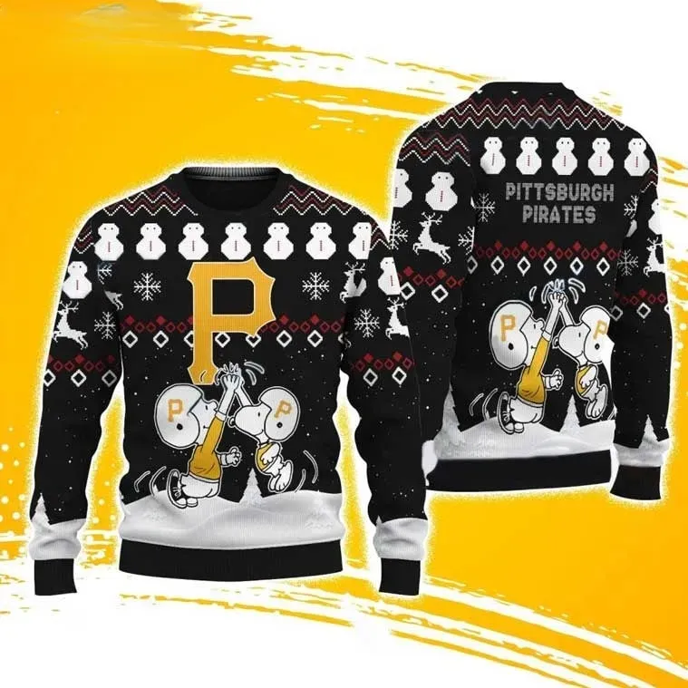 Pittsburgh Pirates Snoopy Charlie Brown Christmas Ugly Sweater, Peanuts High Five Baseball Holiday Sweater, Unisex All Over Print Xmas Jumper