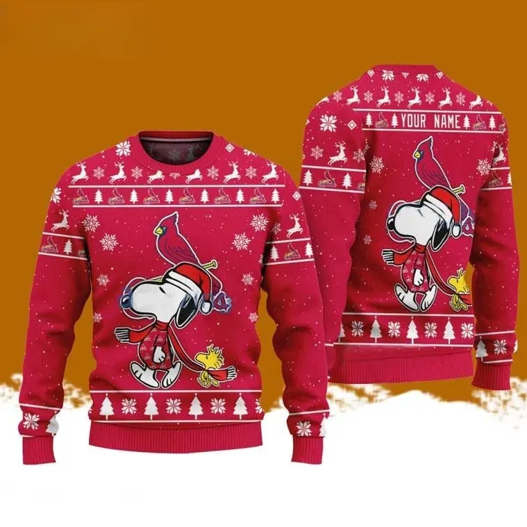 St Louis Cardinals Snoopy And Woodstock Christmas Ugly Sweater, Custom Name Peanuts Baseball Holiday Sweater, Unisex All Over Print Xmas Jumper