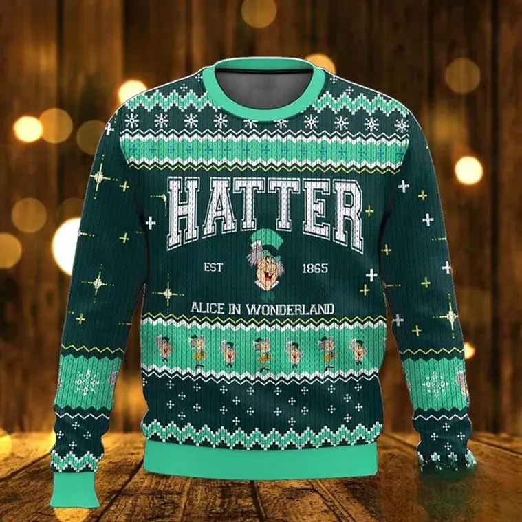 Mad Hatter Alice In Wonderland Ugly Christmas Sweater, Hatter Storybook Cartoon Holiday Sweater, Unisex All Over Print Xmas Sweatshirt