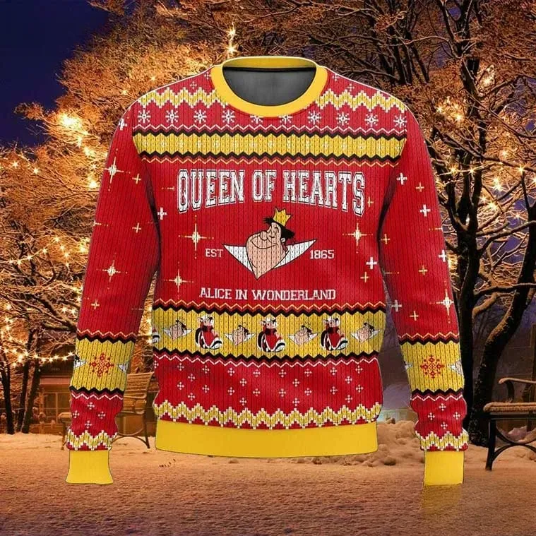 Queen Of Hearts Alice In Wonderland Ugly Sweater, Classic Cartoon Villain Christmas Holiday Sweater, Unisex All Over Print Xmas Jumper