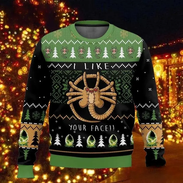 Alien Facehugger Christmas Ugly Sweater, I Like Your Face Funny Holiday Sweater, Sci-Fi Movie Xmas Sweatshirt for Alien Fans
