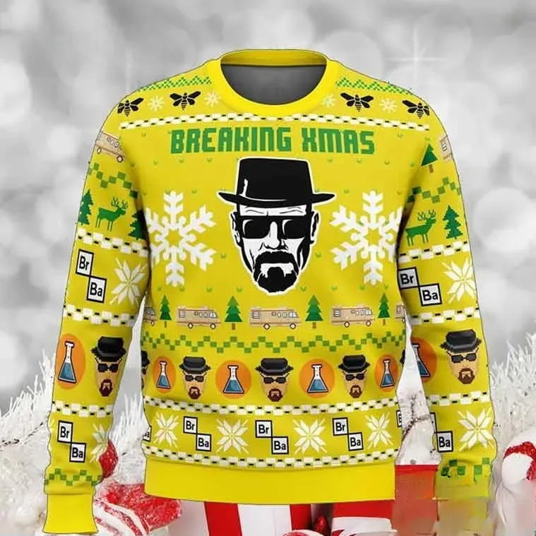 Breaking Xmas Breaking Bad Ugly Christmas Sweater, Heisenberg Walter White TV Show Holiday Sweater, Unisex All Over Print Xmas Sweatshirt