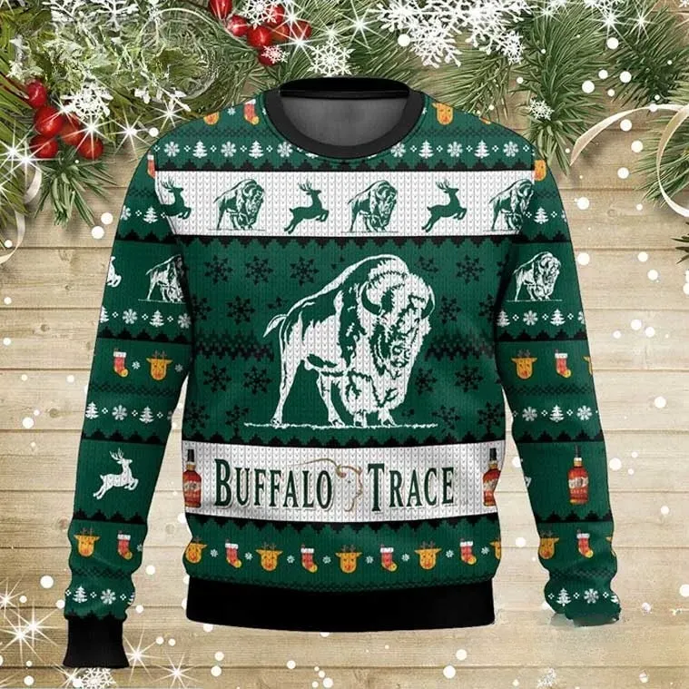 Buffalo Trace Bourbon Whiskey Ugly Christmas Sweater, Bourbon Lover Holiday Sweater, Unisex All Over Print Xmas Party Sweatshirt
