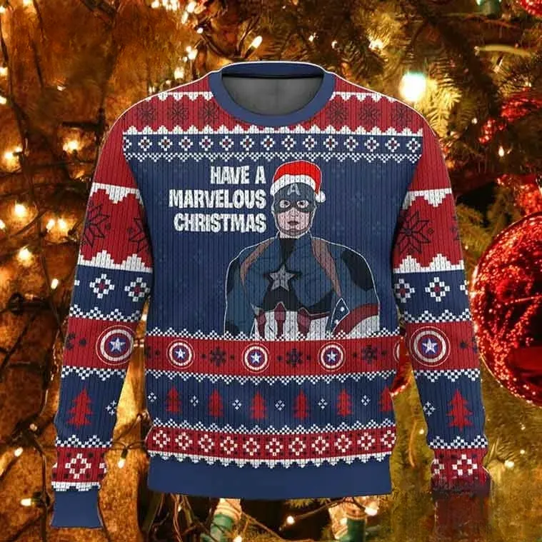 Captain America Have A Marvelous Christmas Ugly Sweater, Marvel Avengers Superhero Holiday Sweater, Comic Fan Unisex All Over Print Xmas Jumper
