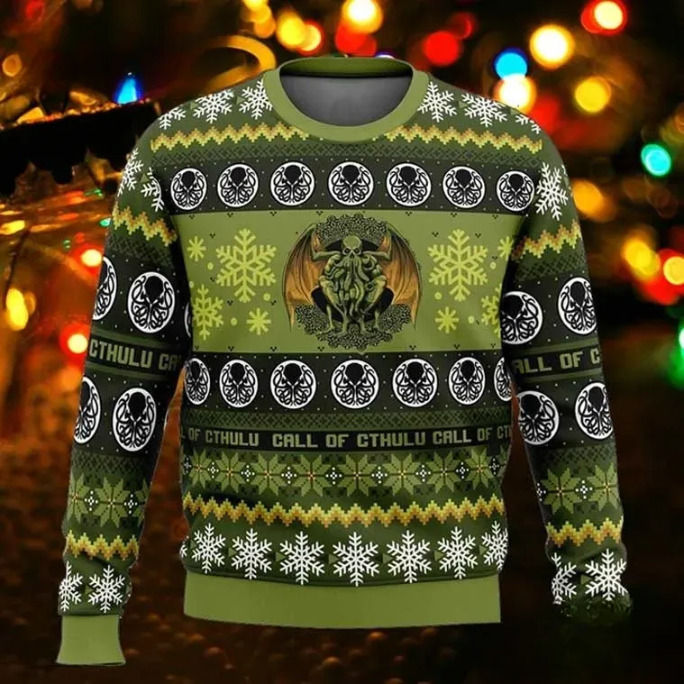 Call Of Cthulhu Game Ugly Christmas Sweater, Lovecraft Cosmic Horror Holiday Sweater, Tabletop Gamer Unisex All Over Print Xmas Sweatshirt