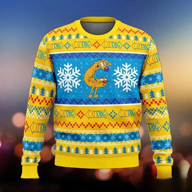 CatDog Nickelodeon Ugly Christmas Sweater, Retro 90s Cartoon Holiday Sweater, Nostalgic Unisex All Over Print Xmas Sweatshirt
