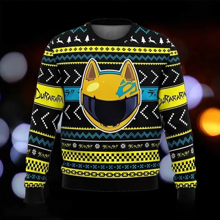 Celty Sturluson Durarara Ugly Christmas Sweater, Cat Ear Helmet Anime Holiday Sweater, Unisex All Over Print Xmas Jumper for Otaku Fans