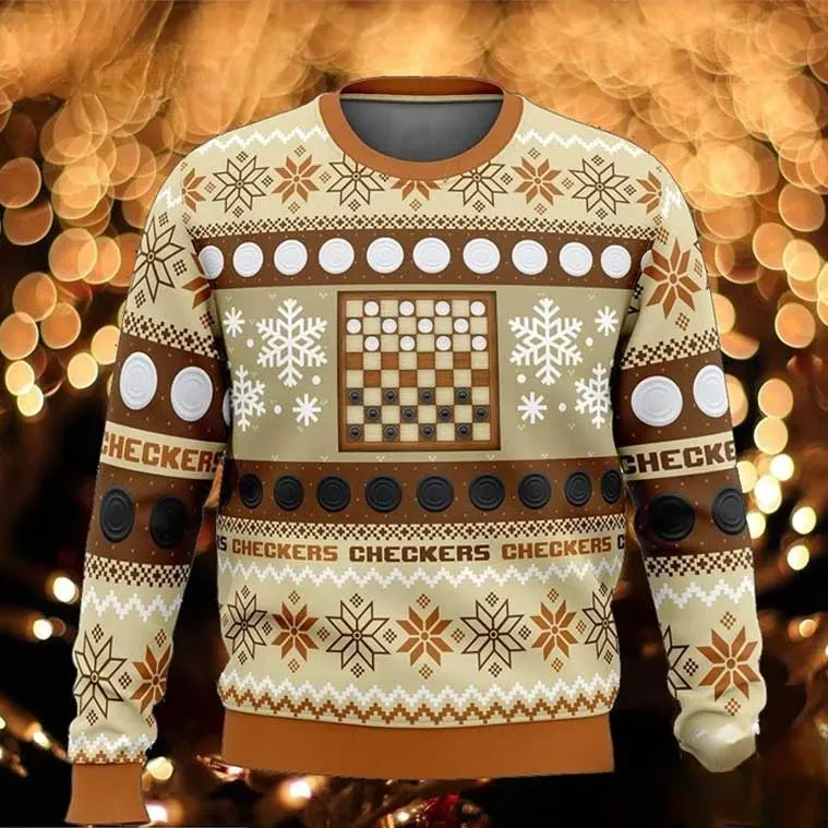 Checkers Board Games Ugly Christmas Sweater, Draughts Player Holiday Sweater, Unisex All Over Print Xmas Sweatshirt for Game Night Lovers