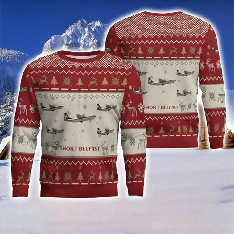Short Belfast Aircraft Red Ugly Christmas Sweater, Cargo Plane Aviation Holiday Sweater, Unisex All Over Print Xmas Sweatshirt for Pilots