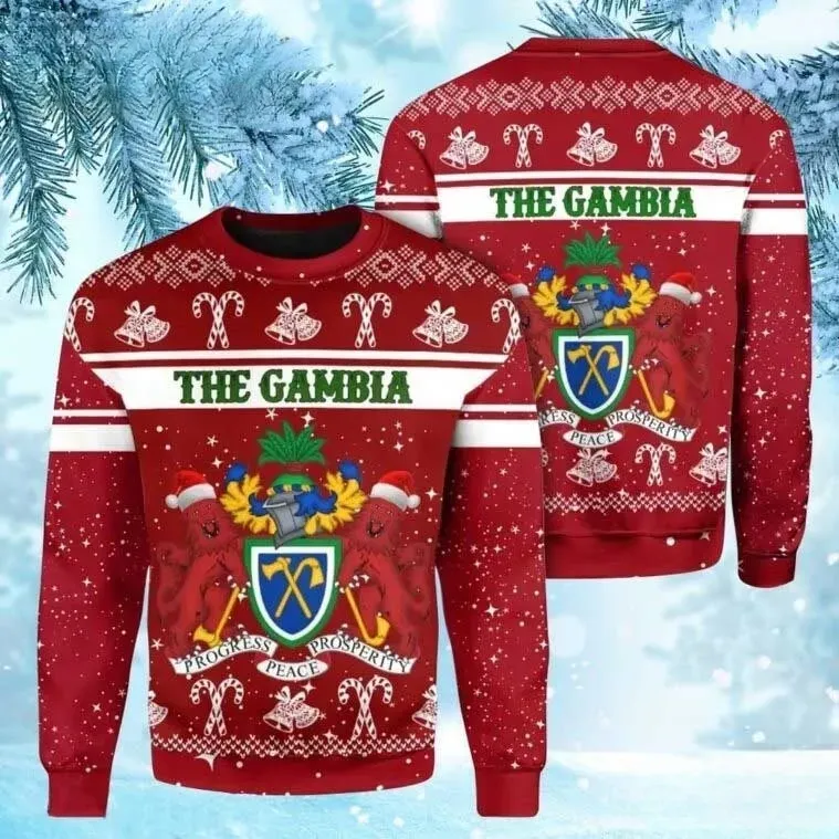 The Gambia Coat Of Arms Christmas Ugly Sweater, Gambian Pride Santa Lions Holiday Sweater, Unisex All Over Print Xmas Sweatshirt