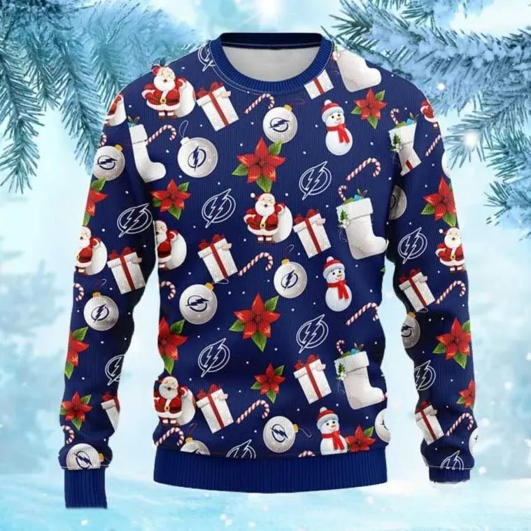 Tampa Bay Lightning Santa Claus Snowman Christmas Ugly Sweater, Ice Hockey Holiday Sweatshirt, Navy Blue Bolts Fan Unisex Xmas Top