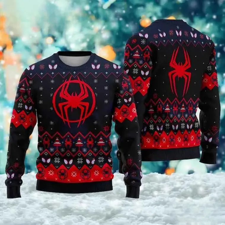 Spider-Man Ugly Christmas Sweater, Red Spider Logo Marvel Holiday Sweatshirt, Black Navy Superhero Comic Unisex All Over Print Xmas Knit Top
