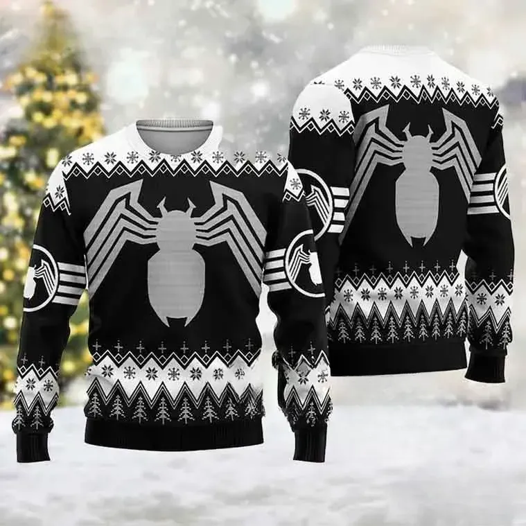 Venom Logo Ugly Christmas Sweater, Marvel Symbiote Spider Holiday Sweatshirt, Black White Xmas Knit Top for Comic Book Fans and Gamers