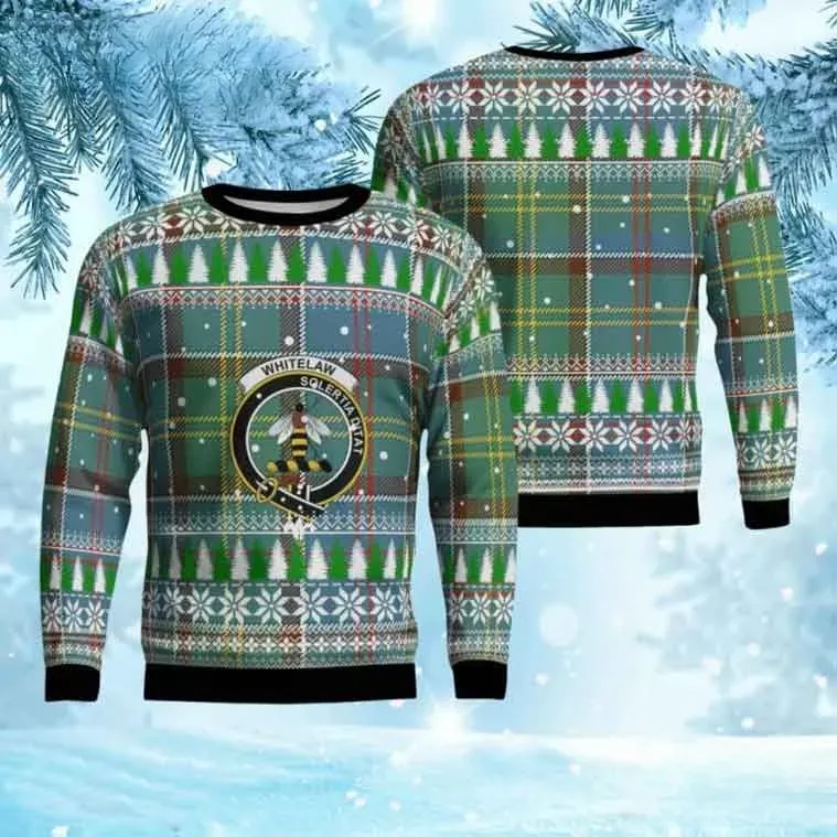 Whitelaw Tartan Crest Christmas Ugly Sweater, Scottish Clan Plaid Holiday Sweatshirt, Teal Green Scots Heritage Unisex Xmas Top