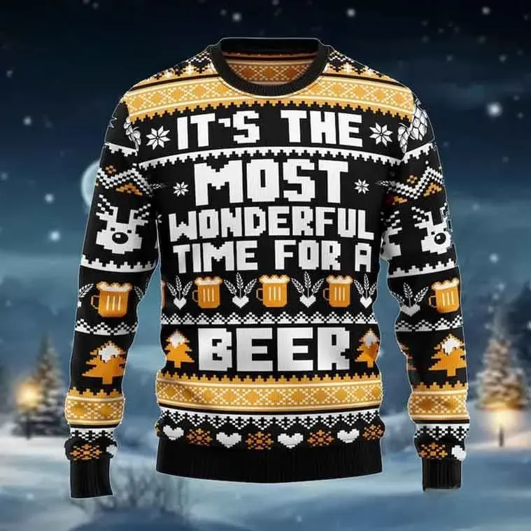 It's The Most Wonderful Time For A Beer Ugly Christmas Sweater, Funny Drinking Holiday Sweatshirt, Black Gold Brew Lover Xmas Top