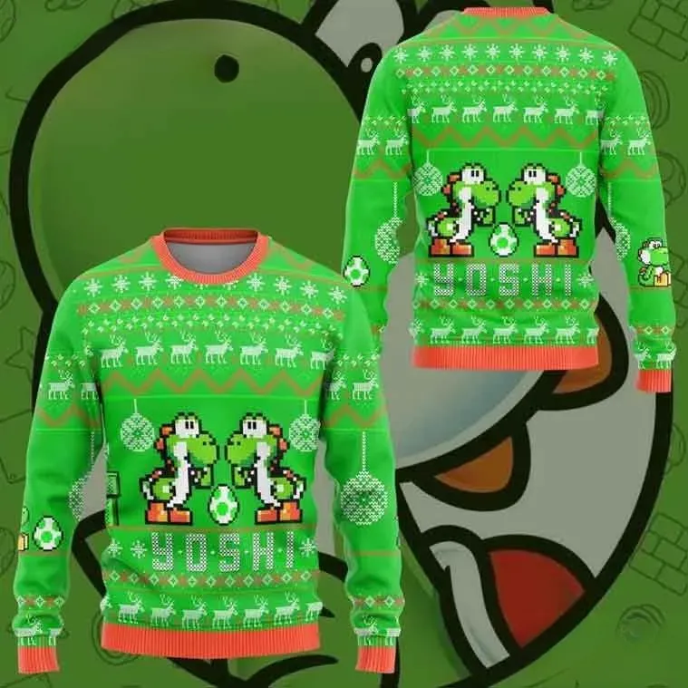Yoshi Super Mario Ugly Christmas Sweater, Nintendo Gamer Holiday Sweatshirt, Green Pixel Art Retro Video Game Unisex Xmas Top
