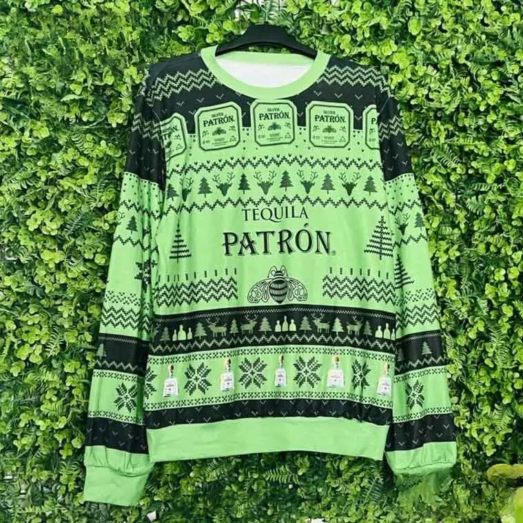 Tequila Patron Alcohol Ugly Christmas Sweater, Lime Green Bee Logo Holiday Sweatshirt, Funny Liquor Lover Xmas Party Unisex Top