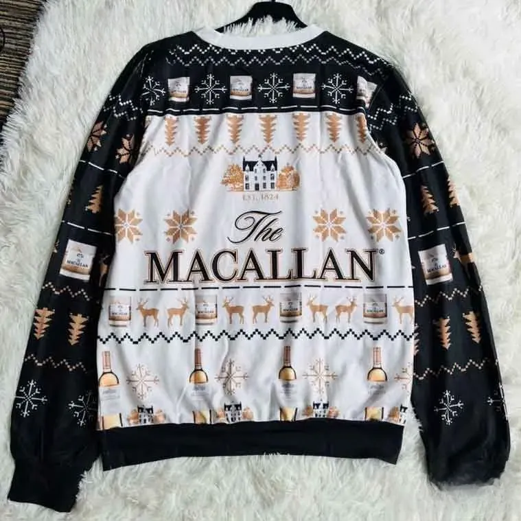 The Macallan Whisky Reindeer Snowflake Ugly Christmas Sweater, Scotch Single Malt Lover Holiday Sweatshirt, Black White Unisex Xmas Top