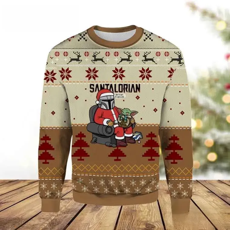 The Santalorian Baby Yoda Star Wars Ugly Christmas Sweater, Mandalorian Santa Claus Holiday Sweatshirt, Beige Brown Unisex Xmas Top