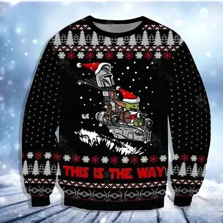 Star Wars This Is The Way Baby Yoda Ugly Christmas Sweater, Mandalorian Grogu Santa Hat Holiday Sweatshirt, Black Mando Unisex Xmas Top