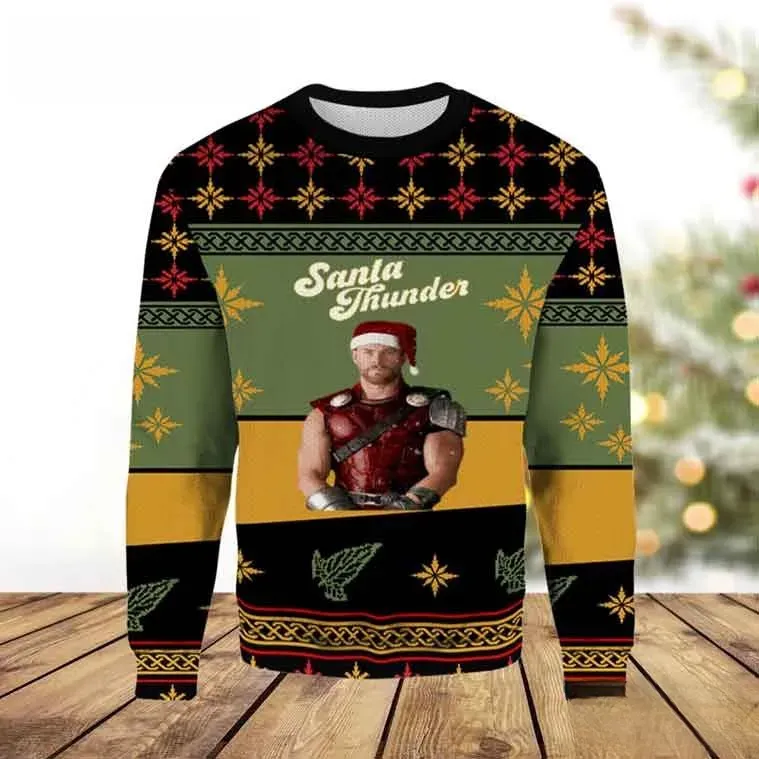 Thor Santa Thunder Marvel Ugly Christmas Sweater, Avengers Superhero Holiday Sweatshirt, Black Green Gold Comic Book Unisex Xmas Top