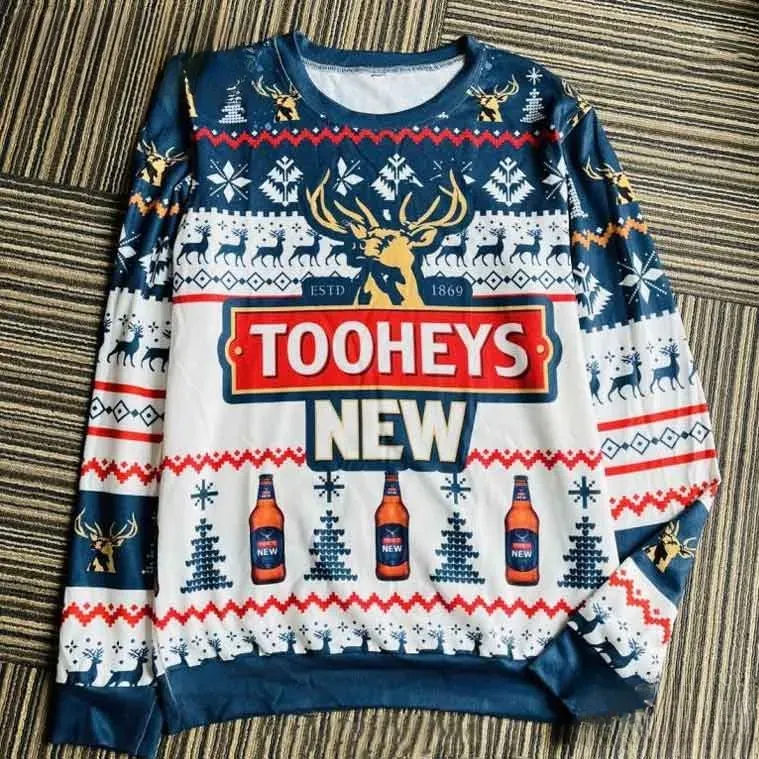 Tooheys New Ugly Christmas Sweater, Australian Beer Lover Gold Stag Holiday Sweatshirt, Aussie Pub Xmas Knit Top, Unisex All Over Print