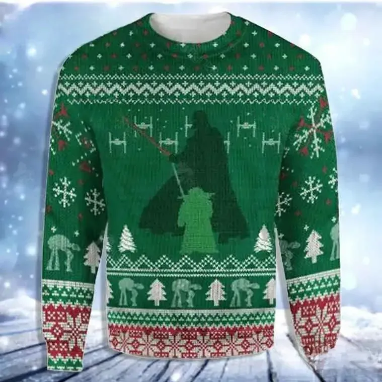 Star Wars Green Darth Vader And Yoda Ugly Christmas Sweater, Jedi Vs Sith Holiday Knit Sweatshirt, Sci-Fi Movie Unisex Xmas Top