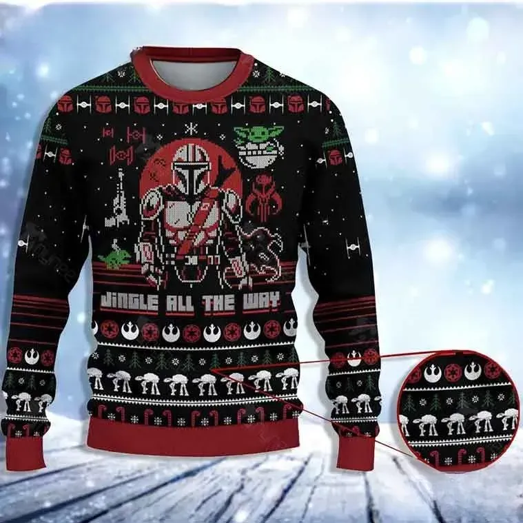 Star Wars Jingle All The Way Mandalorian Yoda Ugly Christmas Sweater, Grogu Mando Holiday Sweatshirt, Black Red Unisex Xmas Top