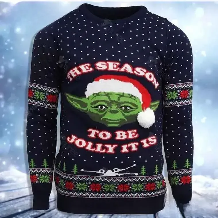 Star Wars Master Yoda The Season To Be Jolly It Is Ugly Sweater, Santa Hat Jedi Christmas Knit Sweatshirt, Navy Holiday Unisex Top