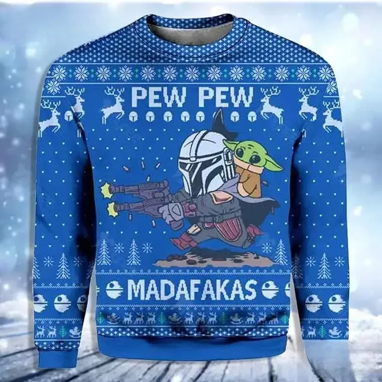 The Mandalorian Pew Pew Madafakas Baby Yoda Ugly Sweater, Funny Star Wars Grogu Christmas Sweatshirt, Mando Xmas Party Unisex Top