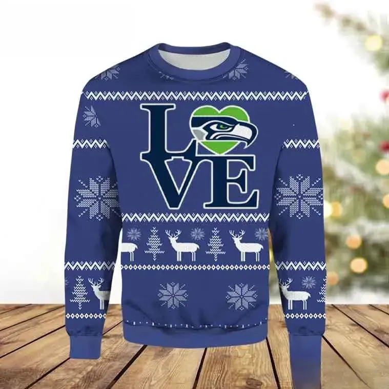 Love Seattle Seahawks Ugly Christmas Sweater, Seahawks Heart Logo NFL Football Holiday Sweatshirt, Unisex All Over Print Xmas Top