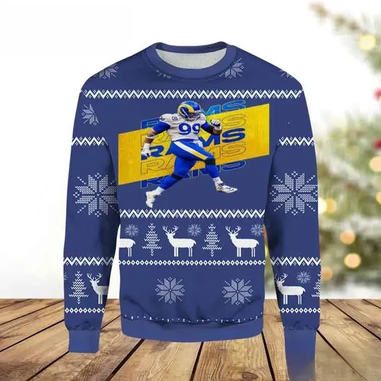 Aaron Donald Los Angeles Rams Ugly Christmas Sweater, Number 99 Rams Football Holiday Sweatshirt, Unisex All Over Print Xmas Knit Top