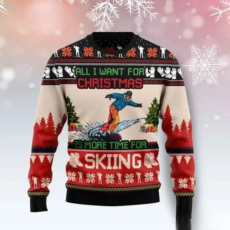 All I Want For Christmas Is Skiing Ugly Christmas Sweater, Ski Lover Snowy Slopes Winter Sports Holiday Sweatshirt, Unisex Knit Xmas Top