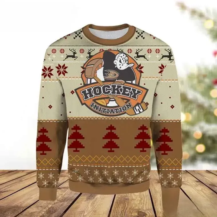 Anaheim Ducks Hockey Initiation Ugly Christmas Sweater, Ducks Goalie Mascot Holiday Sweatshirt, Unisex All Over Print Xmas Top