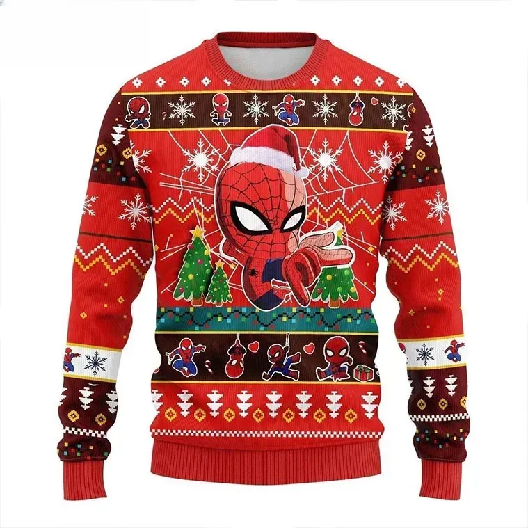 Spider-Man Marvel Comics Christmas Ugly Sweater, Chibi Spider Man Santa Hat Superhero Holiday Sweatshirt, Unisex All Over Print Xmas Top