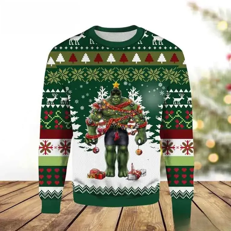 Hulk Marvel Merry Christmas Ugly Sweater, Hulk Wrapped in Tinsel Avengers Holiday Sweatshirt, Unisex All Over Print Xmas Knit Top