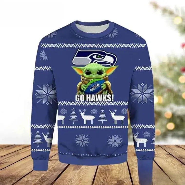 Seattle Seahawks Baby Yoda Go Hawks Ugly Christmas Sweater, Star Wars Grogu Football Holiday Sweatshirt, Unisex All Over Print Xmas Top