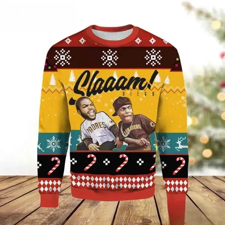 Slam Diego San Diego Padres Ugly Christmas Sweater, Funny Friday Movie Meme Baseball Holiday Sweatshirt, Unisex All Over Print Xmas Top