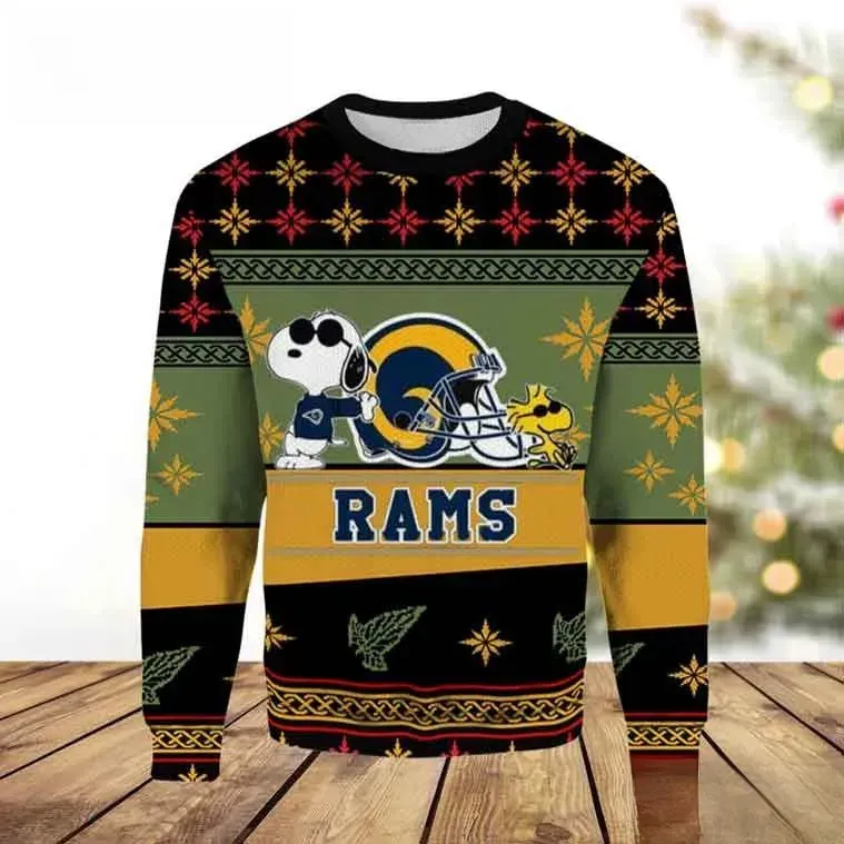 Los Angeles Rams Snoopy And Woodstock Ugly Christmas Sweater, Joe Cool Peanuts Football Holiday Sweatshirt, Unisex All Over Print Xmas Top