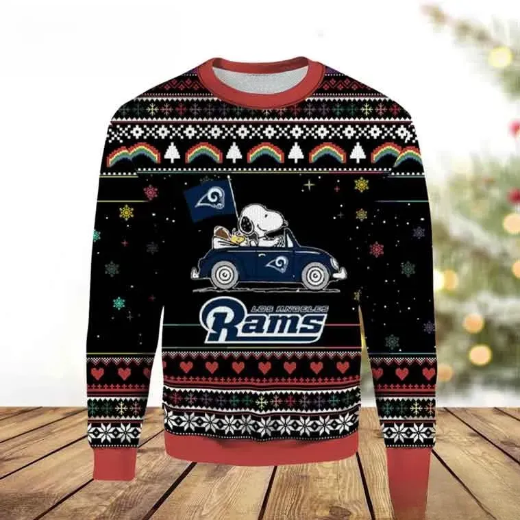 Los Angeles Rams Snoopy And Woodstock Ugly Sweater, Peanuts Christmas Car LA Rams Football Holiday Sweatshirt, Unisex All Over Print Top