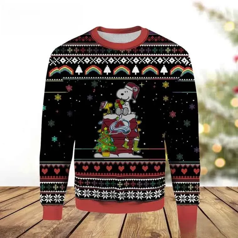 Colorado Avalanche Snoopy And Woodstock Ugly Christmas Sweater, Peanuts Doghouse Avs Hockey Holiday Sweatshirt, Unisex All Over Print Top