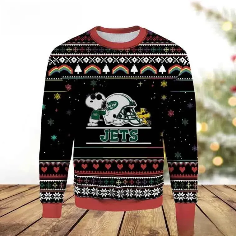 New York Jets Snoopy And Woodstock Ugly Christmas Sweater, Joe Cool Peanuts Football Holiday Sweatshirt, Unisex All Over Print Xmas Top