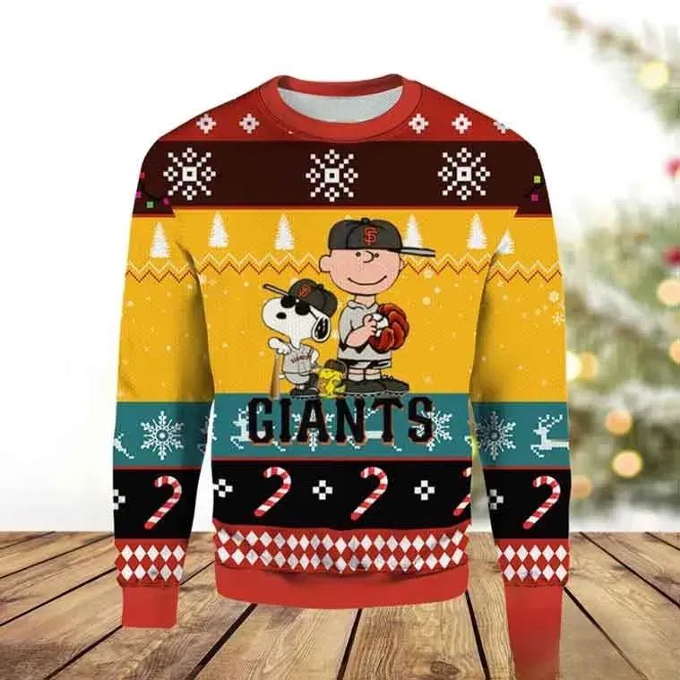 San Francisco Giants Snoopy Charlie Brown Woodstock Ugly Christmas Sweater, Peanuts SF Giants Baseball Holiday Sweatshirt, Unisex Xmas Jumper