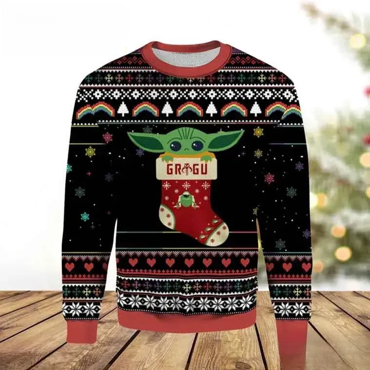 Star Wars Baby Yoda Frog Grogu Christmas Stocking Ugly Christmas Sweater, Mandalorian Holiday Sweatshirt, Unisex All Over Print Xmas Jumper