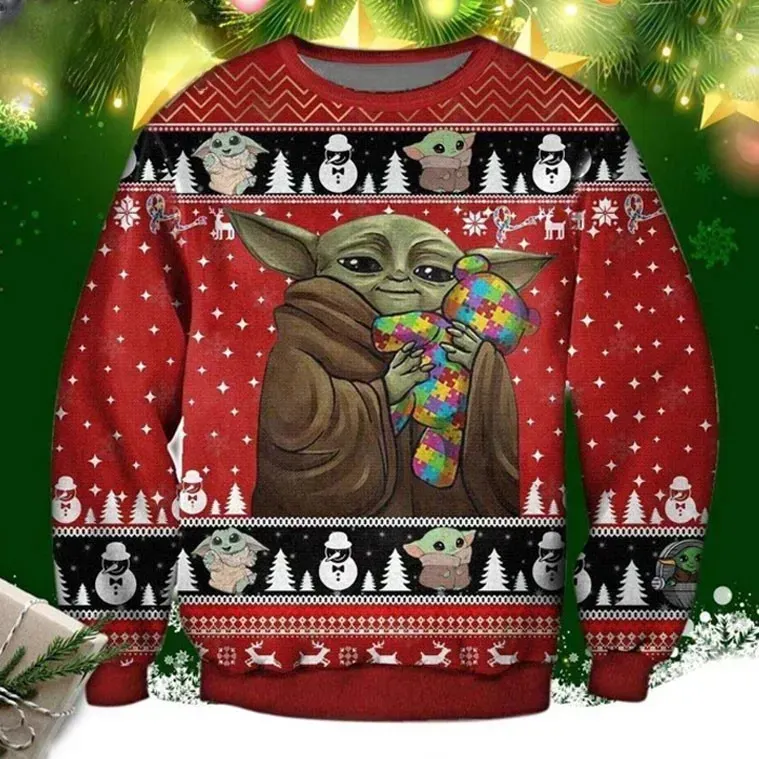Autism Star Wars Yoda With Puzzles Ugly Christmas Sweater, Baby Yoda Autism Awareness Holiday Sweatshirt, Unisex All Over Print Xmas Top
