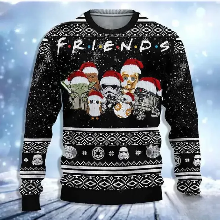 Star Wars Friends Ugly Christmas Sweater, Yoda R2-D2 C-3PO Stormtrooper Santa Hat Holiday Sweatshirt, Unisex All Over Print Xmas Fan Top