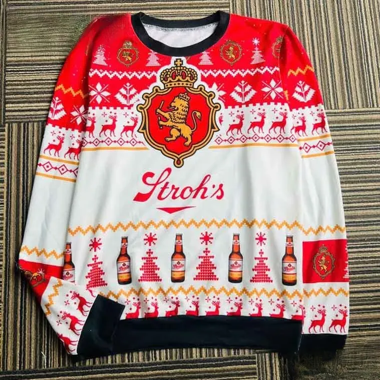 Stroh's Beer Ugly Christmas Sweater, Lion Crest And Bottles Holiday Sweatshirt, Funny Beer Lover Xmas Outfit, Unisex All Over Print Party Top