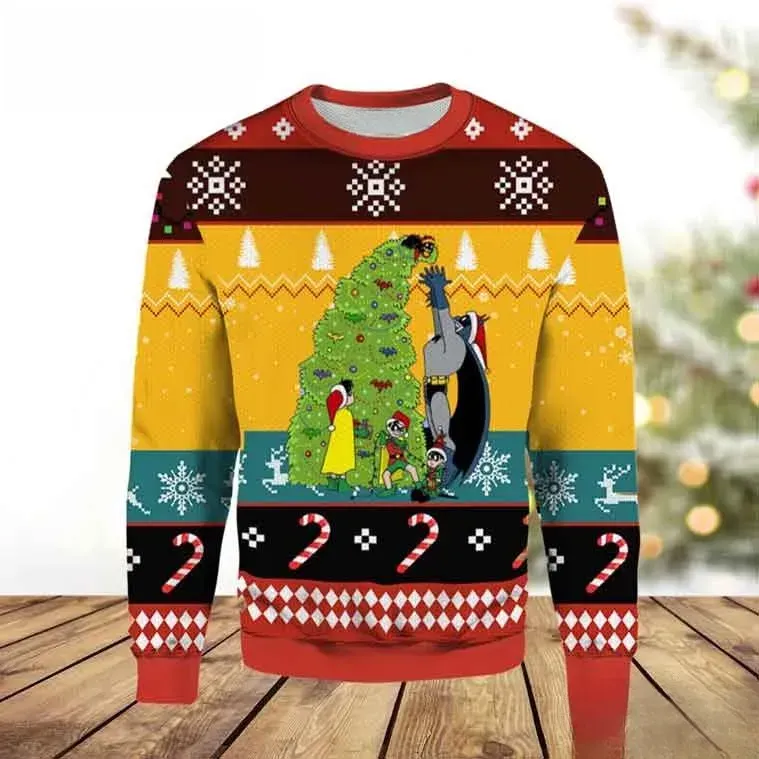 Batman Xmas Tree Ugly Christmas Sweater, Funny Robin Decorating Holiday Sweatshirt, DC Comics Fan Outfit, Unisex All Over Print Knit Look Top