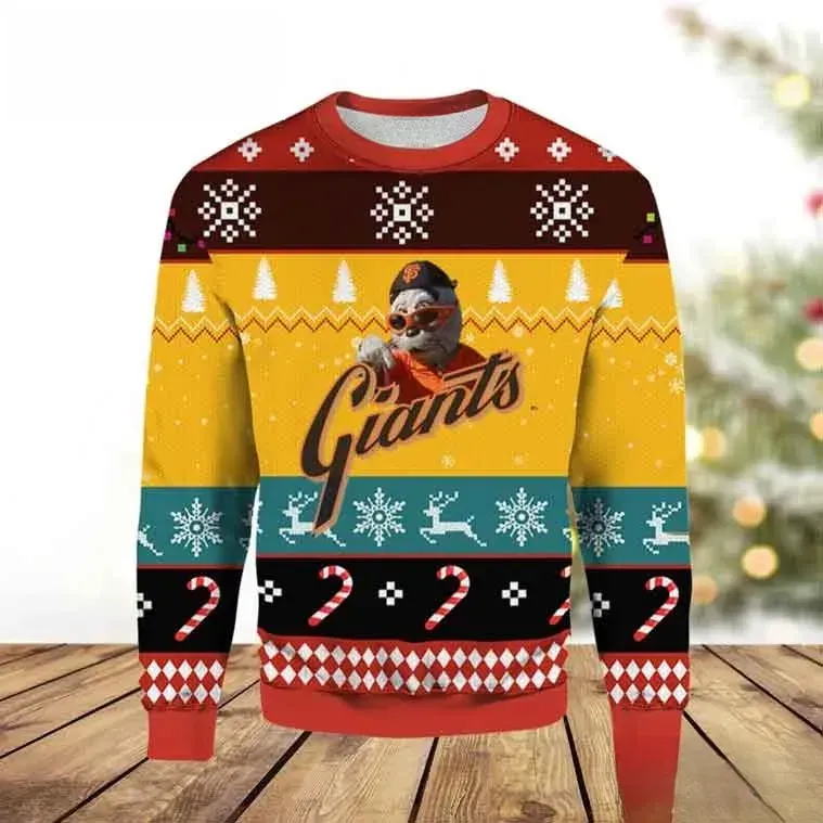 San Francisco Giants Lou Seal Mascot Ugly Christmas Sweater, SF Baseball Holiday Sweatshirt, Candy Cane Reindeer Xmas Outfit For Giants Fans