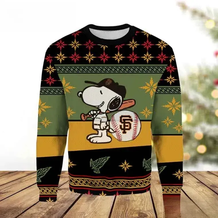 San Francisco Giants Snoopy Ugly Christmas Sweater, Peanuts Baseball Holiday Sweatshirt, SF Giants Fan Xmas Top, Unisex All Over Print Knit Look